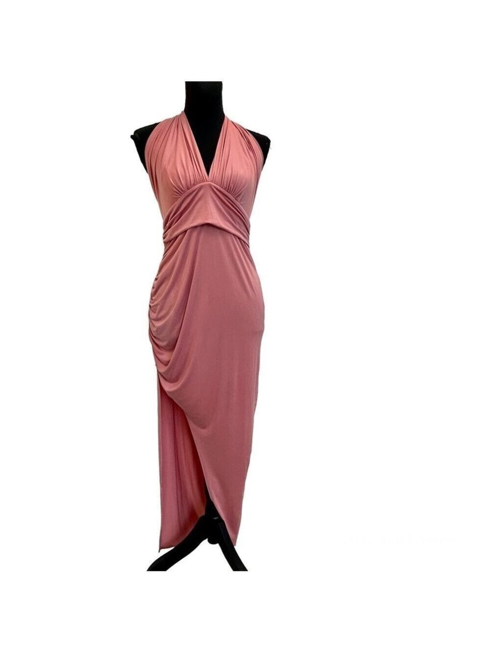 CRISTINA rose pink halter ruched draped side slit sexy maxi dress Sz M